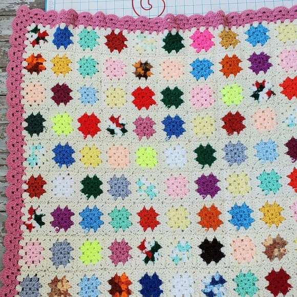 Granny Square Crochet Afghan Blanket Throw Pink Multicolor 59"x54" Handmade - Picture 6 of 6